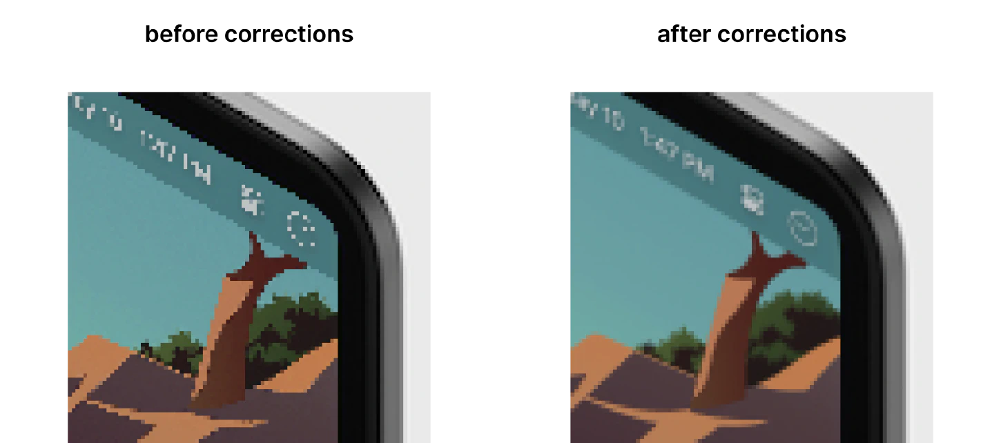 Diagram comparing output with and without corrections.
